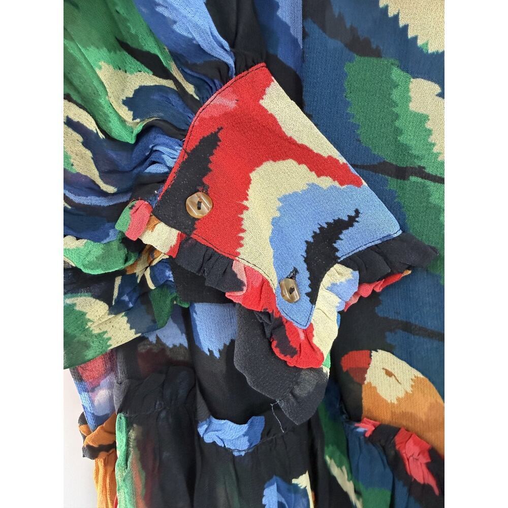 Farm Rio Women's Abstract Multicolor Ruffle Collared Smocked Blouse Size XS - Picture 3 of 11